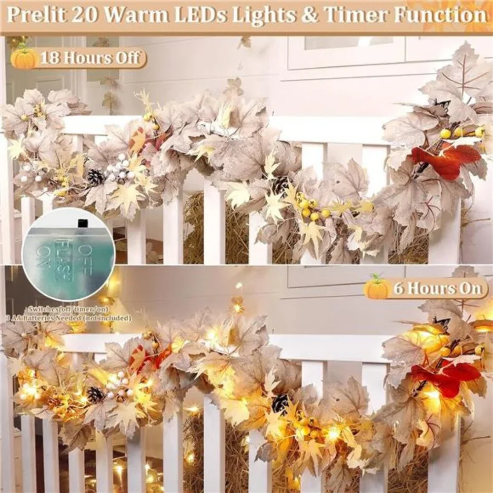 Timer - Fall Garland Fall Decorations for Home, 6Ft Pre-Lit Real Touch Maples